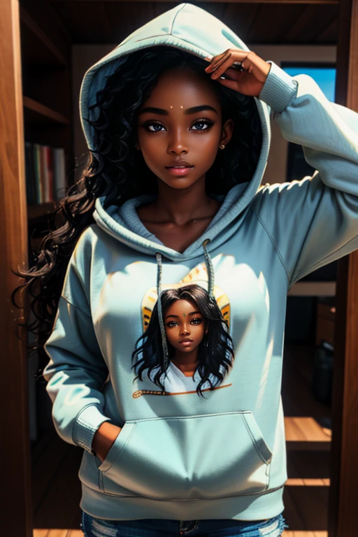 (masterpiece, best quality), ebony 1girl, beautiful face, Kimberly_jackson, freely wavy hair, upper body, wearing a hoodie, long black hair