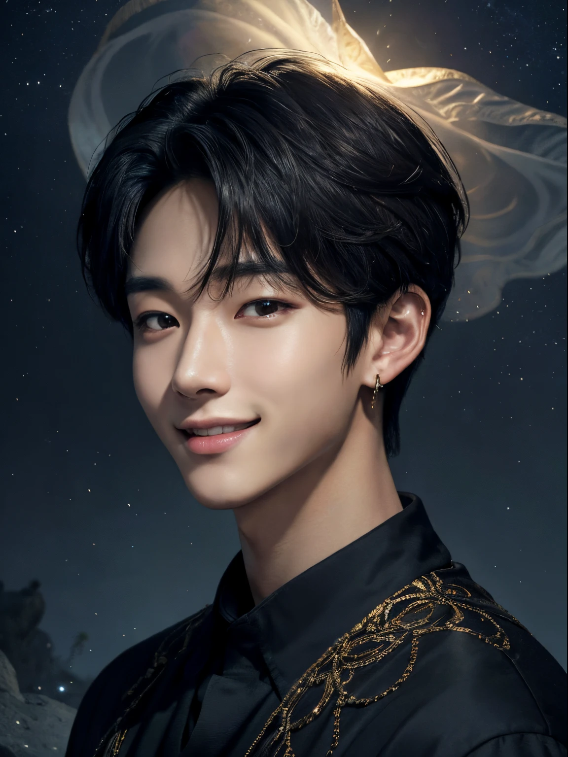 (photorealistic, masterpiece, 8K HD, good lighting quality, portrait, closing up on face, intricate details), a handsome young korean man, air elemental spirit, cute, smiling, happy, detailed face, detailed eyes, looking at the sky, wearing casual clothes, earrings, golden eyes, short black hair, messy hair, outdoors, twilight, stars, cosmical, dreamy world, surrealism, ethereal