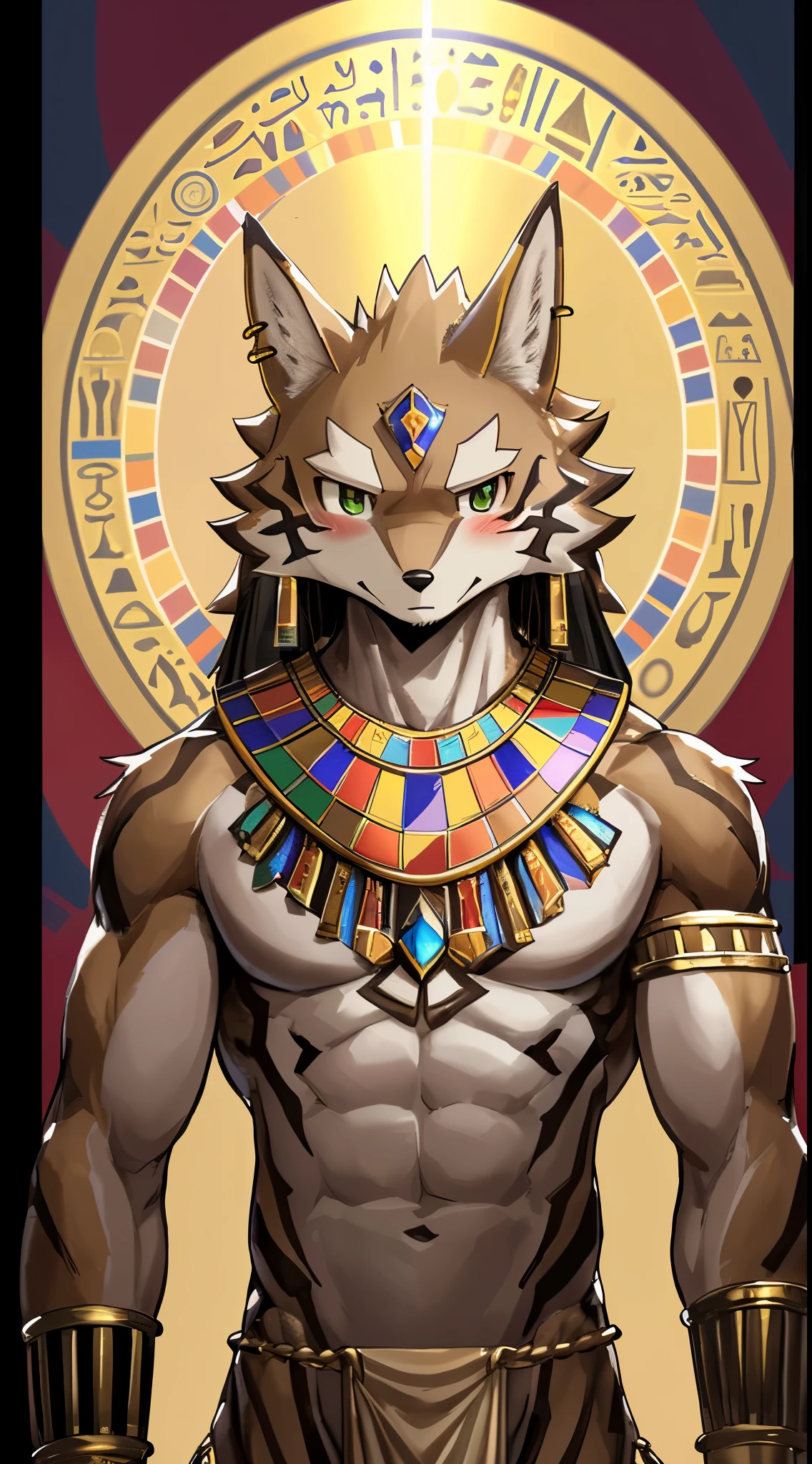 Seto (Tokyo After-School Summoners), Seto(Wandering Longing), Seth (it), Seto, Kazuma Koda, coyote, gold necklace, Gold jewelry, Ear piercing, wear a loincloth, Green Eye, Grey Body, white body, Brown Body, stripes, Striped body, Muscular men, High Quality, 8K, High image quality, NSFW Works, pixiv, colorful background, bright background, Business card, shadowy, Muscular, A composition where the whole body is visible, The right ratio, Sexy, Egypt, solemnity, very bright, Bright atmosphere