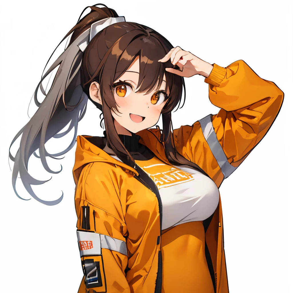 【Highest Quality, masutepiece】 [girl, Manteau, expressioness,deep orange eyes, front facing,dark brown hair,long ponytail hair,yellow knit cloth, Happy, Upper body] (Gray white background:1.2),very happy smile,boobs,