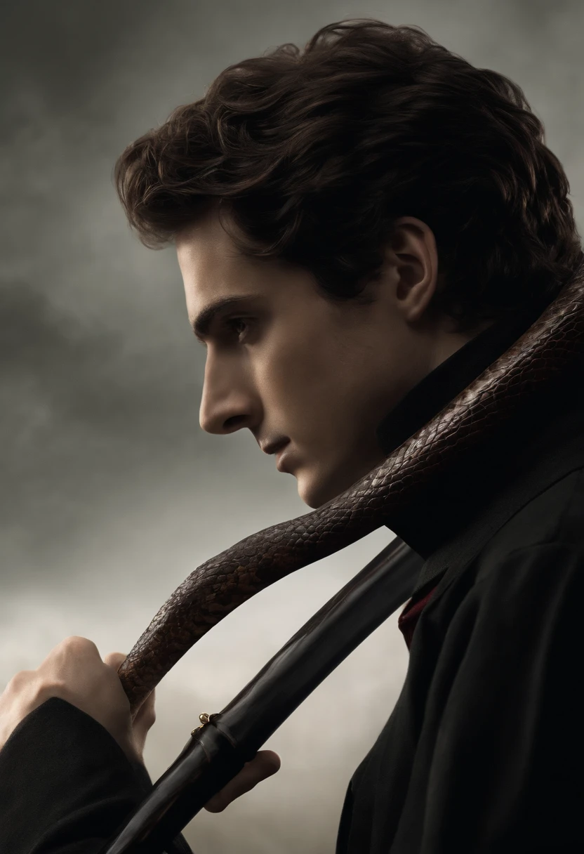 A black, intricately carved wand with a snake-like handle, emitting a faint, ominous aura.,Harry Potter series,Tom is a tall young male, pale, short black hair, brown eyes, gaunt features, famously portrayed by christian coulson, male