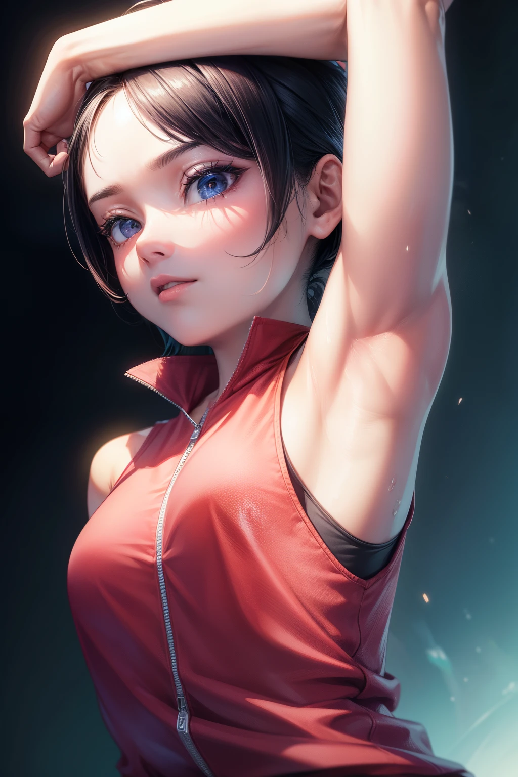 8k high resolution,detailded face,detailed bpdy,perfect body,ultra high quality,1 girl,sleeveless shirt,arms up,armpit, sweating