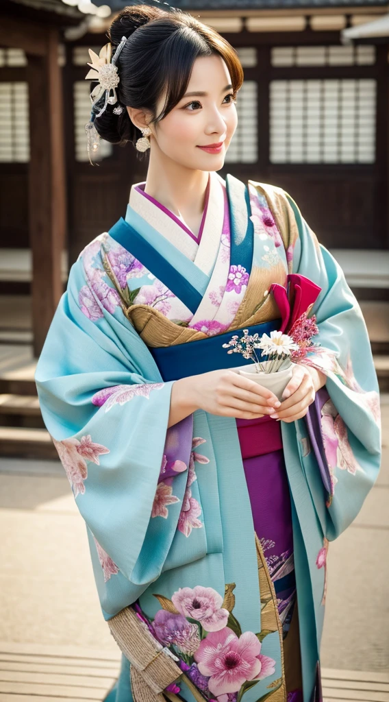Best Quality, masutepiece, 超A high resolution, (Photorealistic:1.4), Raw photo, One bewitching woman, age 40s,Kimono beauty with a crane pattern, gros-plan, Looking at Viewer, castle town, Long, Hair Ornament,Beautiful photos,is beautiful,fullbody image,