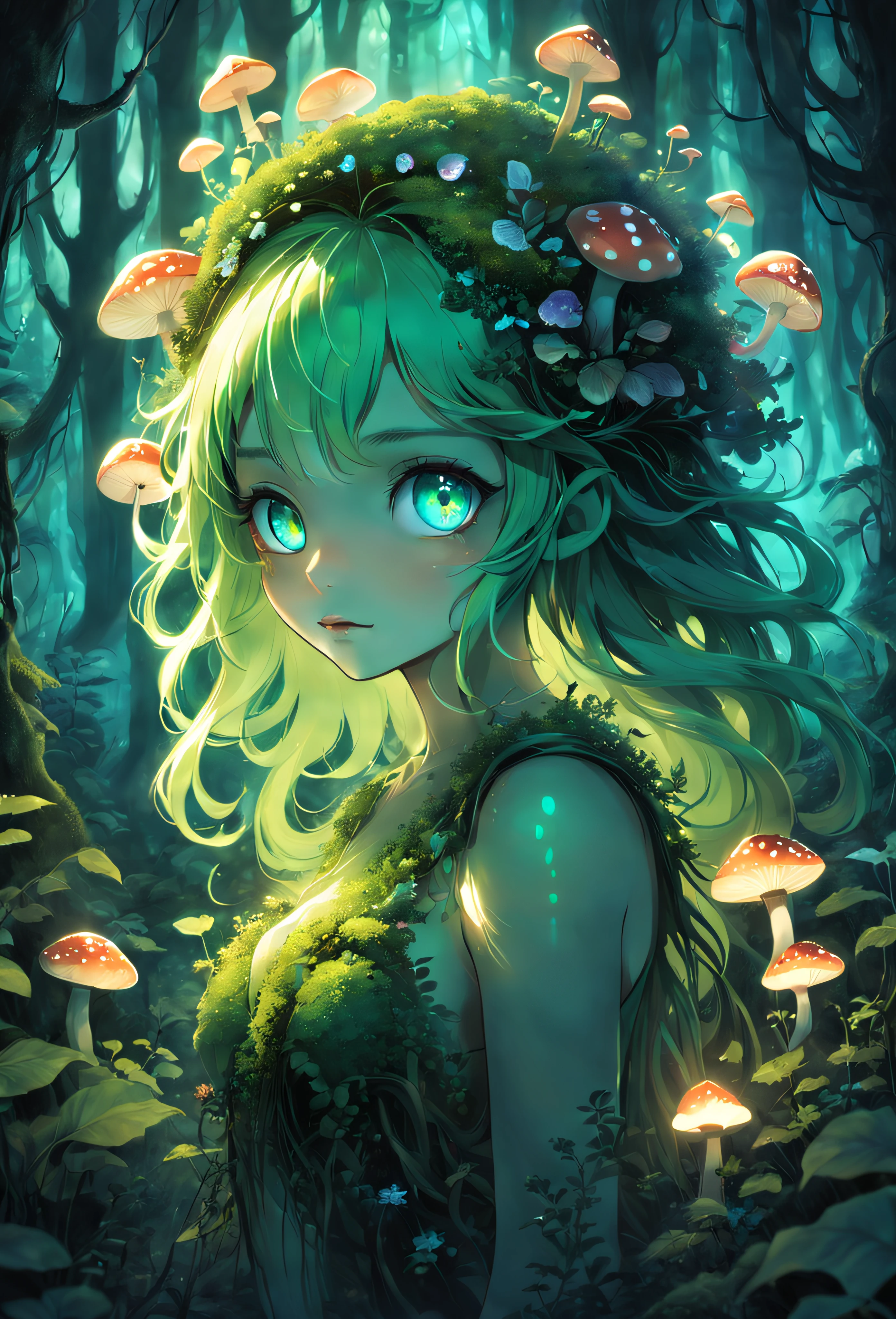 (best quality,8k,highres,masterpiece), anime style, plant girl, forest, adorable, moss, trees, petals, vibrant colors, intricate details, flowing lines, lively, colorful