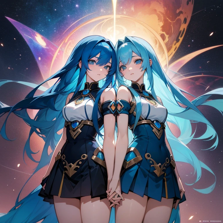 two anime girls with long blue hair and blue hair are standing together, beautiful gemini twins, goddess of galaxies, extremely detailed artgerm, beautiful gemini good and evil, anime goddess, artgerm on artstation pixiv, beautiful gemini twins portrait, high detailed official artwork, trending on artstation pixiv, two beautiful anime girls, 8k high quality detailed art