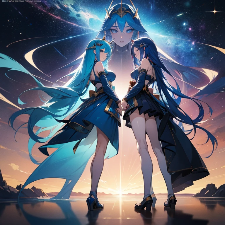 two anime girls with long blue hair and blue hair are standing together, beautiful gemini twins, goddess of galaxies, extremely detailed artgerm, beautiful gemini good and evil, anime goddess, artgerm on artstation pixiv, beautiful gemini twins portrait, high detailed official artwork, trending on artstation pixiv, two beautiful anime girls, 8k high quality detailed art