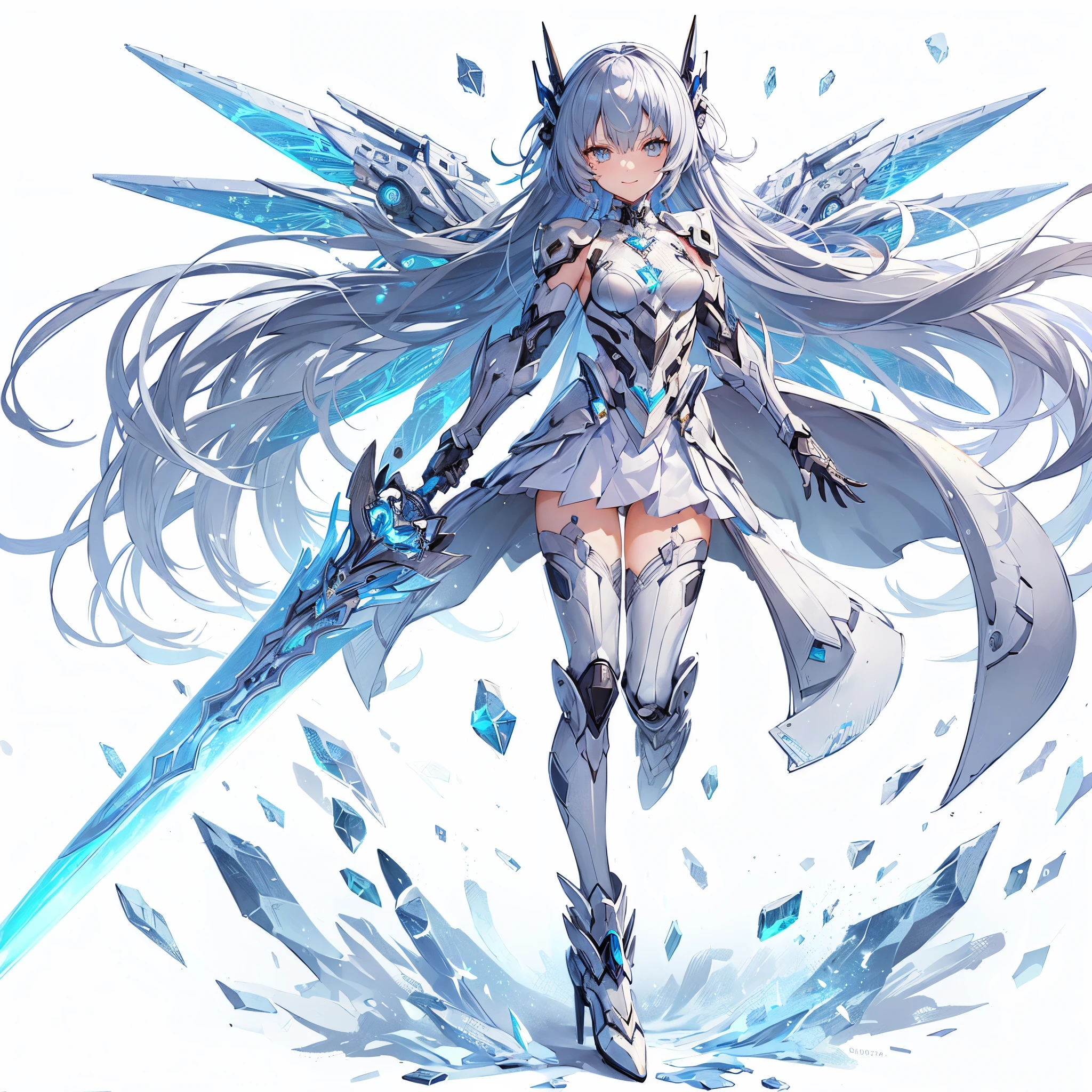 (masutepiece, Best Quality), Ultra-detailed, Anime style, Full body cyberpunk knight girl, wears white power armor, blue and silver hair and black and silver eyes, Hold the ice sword, flying diamond dust, Wear high-heeled boots, Digital Painting, 8K High Resolution, trend artstation, White background, Whole body, A Smile Full of Compassion