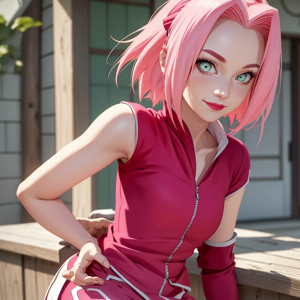 young woman, porcelain skin, short bubblegum pink hair, big red lips, big green eyes, pink eyebrows, smile, looking at camera, red clothes, Sakura Haruno, 3d, realism
