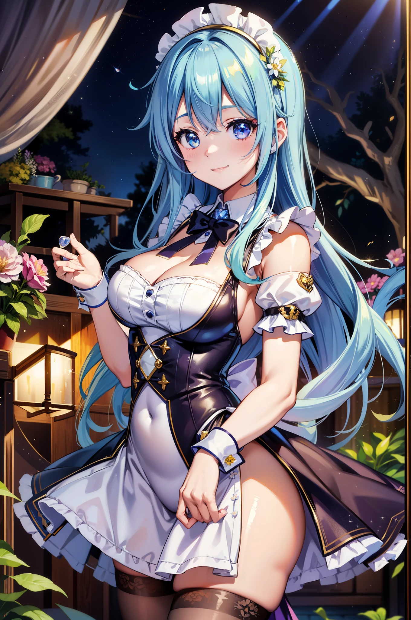 Super Idol A beautiful girl in a sparkling maid cafe A charming smile sky blue hair length hair Twin-tailed A bright forest cafe surrounded by lots of flowers Sunlight is shining in Sparkly and colorful maid uniform-style leotard facing front