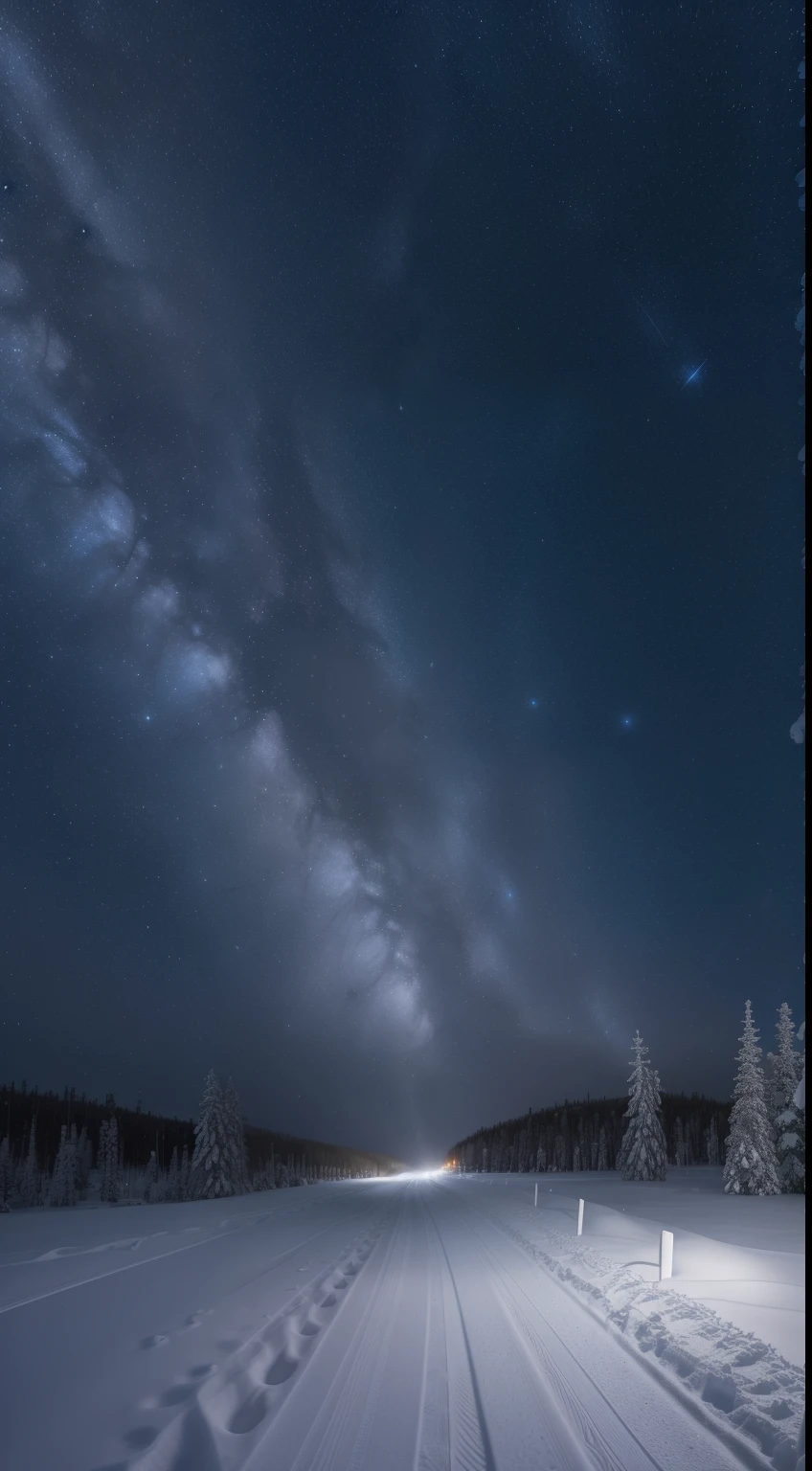 snowy road with trees and a milky in the background, snowy night, mikko lagerstedt, winter night, max rive, glowing snow, 🌲🌌, snowfall at night, breathtaking stars, starlit sky, under the silent night sky, night covered in stars, snowy winter, starry skies, moonlight snowing, stars glistening in the night, northern finland