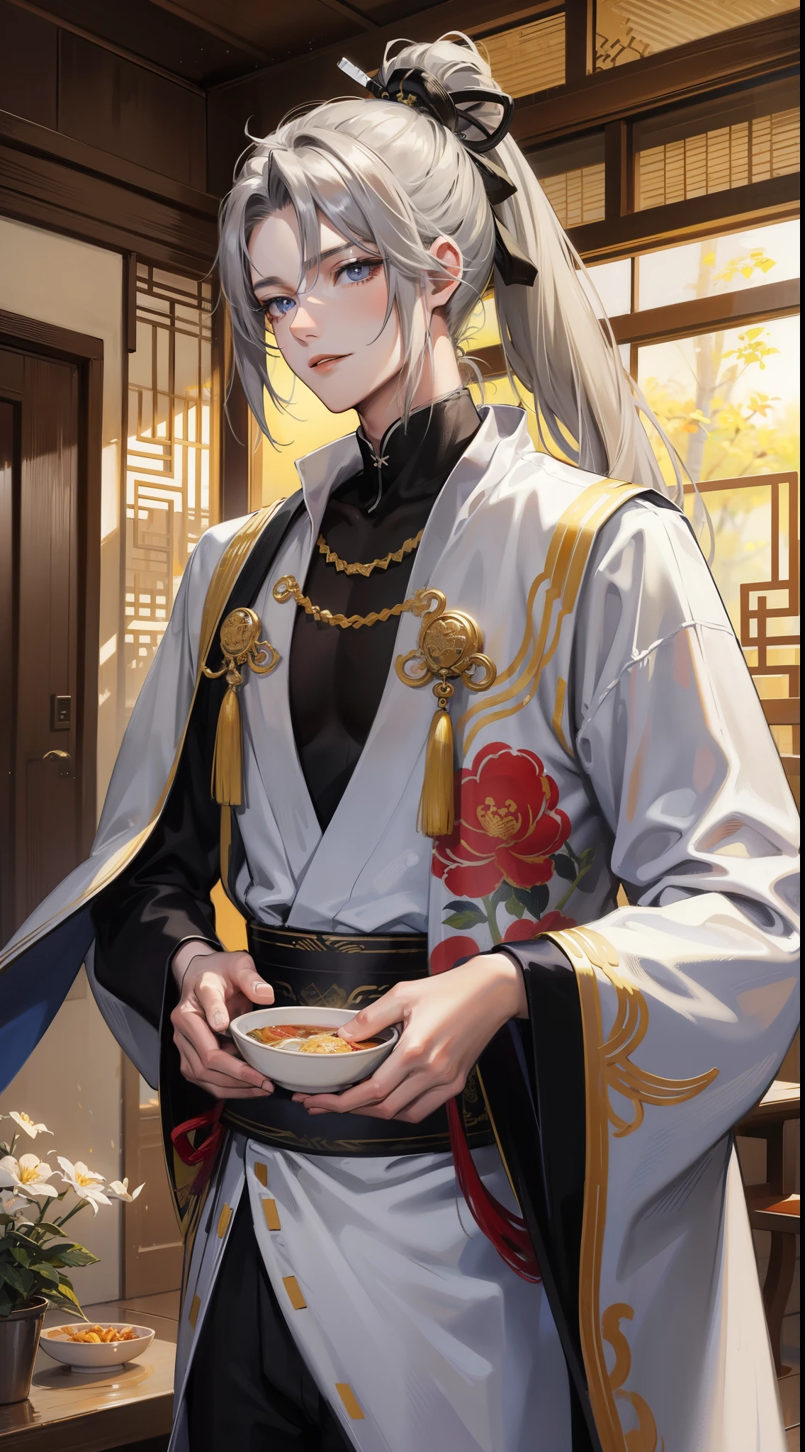 tmasterpiece，hyper HD，Acura，need，The content is very detailed，of a guy，ssmile，Chinese style，Chinese Ancient Times，black hair color hair，Gray-blue eyes，split ends，Long gray hair，With long bangs，high ponytails，Blonde crown，Handsome，Masculine，gentleness，Otaka，A piece of tranquility，long white robe，allure，bamboo forrest，tree branch，wind comfort， Young person，Stable expression