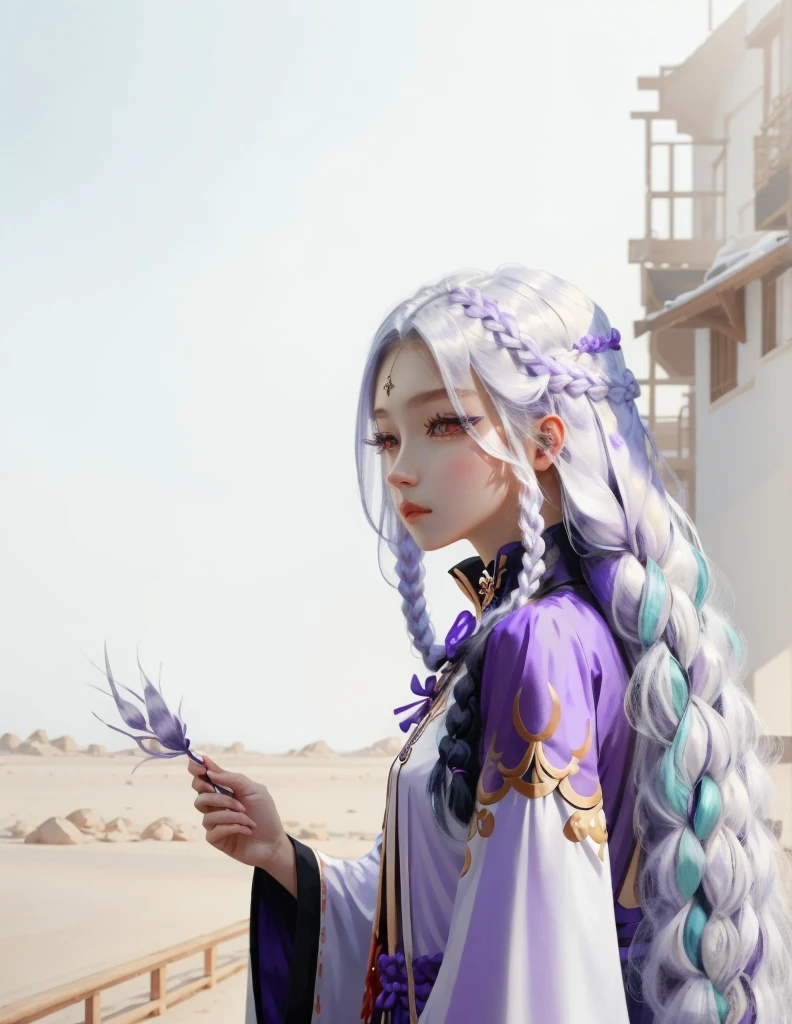 Girl, long white hair, two braids, purple eyes, white, soft skin, blue and purple clothes, genshin impact.