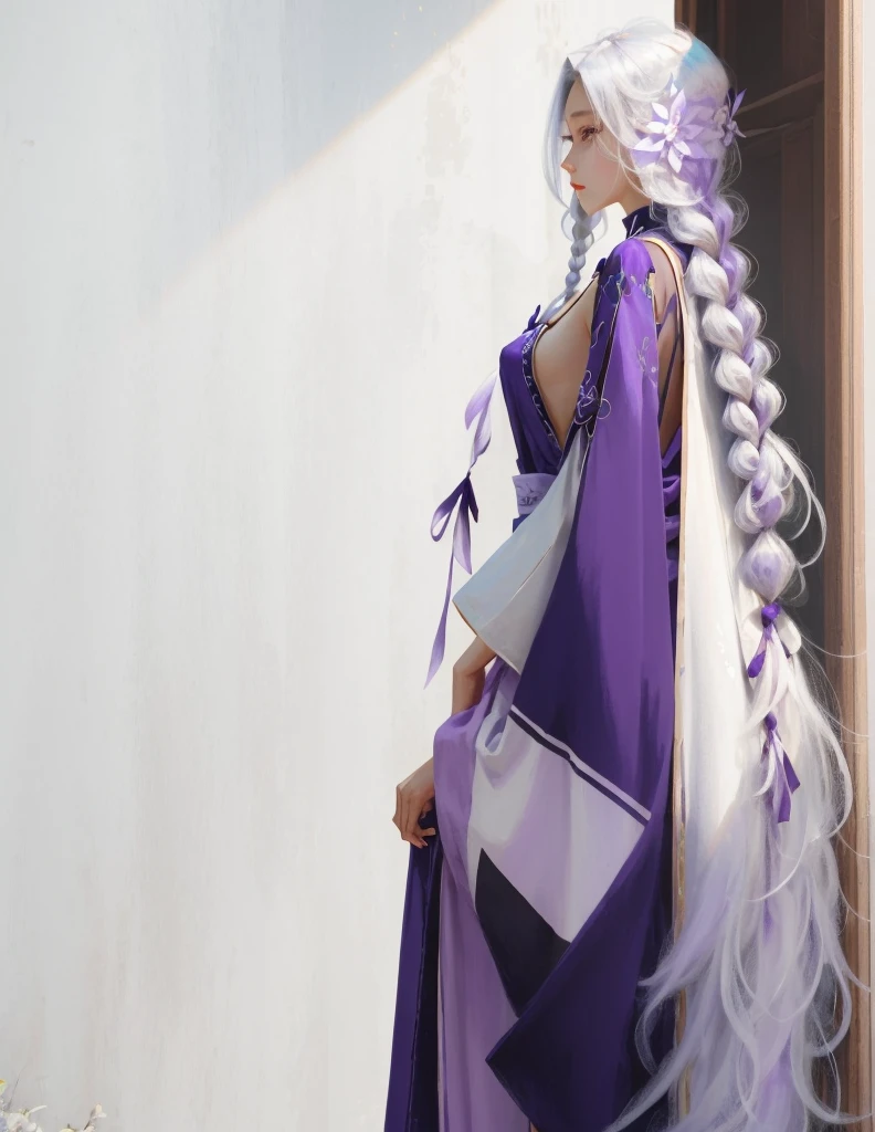 Girl, long white hair, two braids, purple eyes, white, soft skin, blue and purple clothes, genshin impact.
