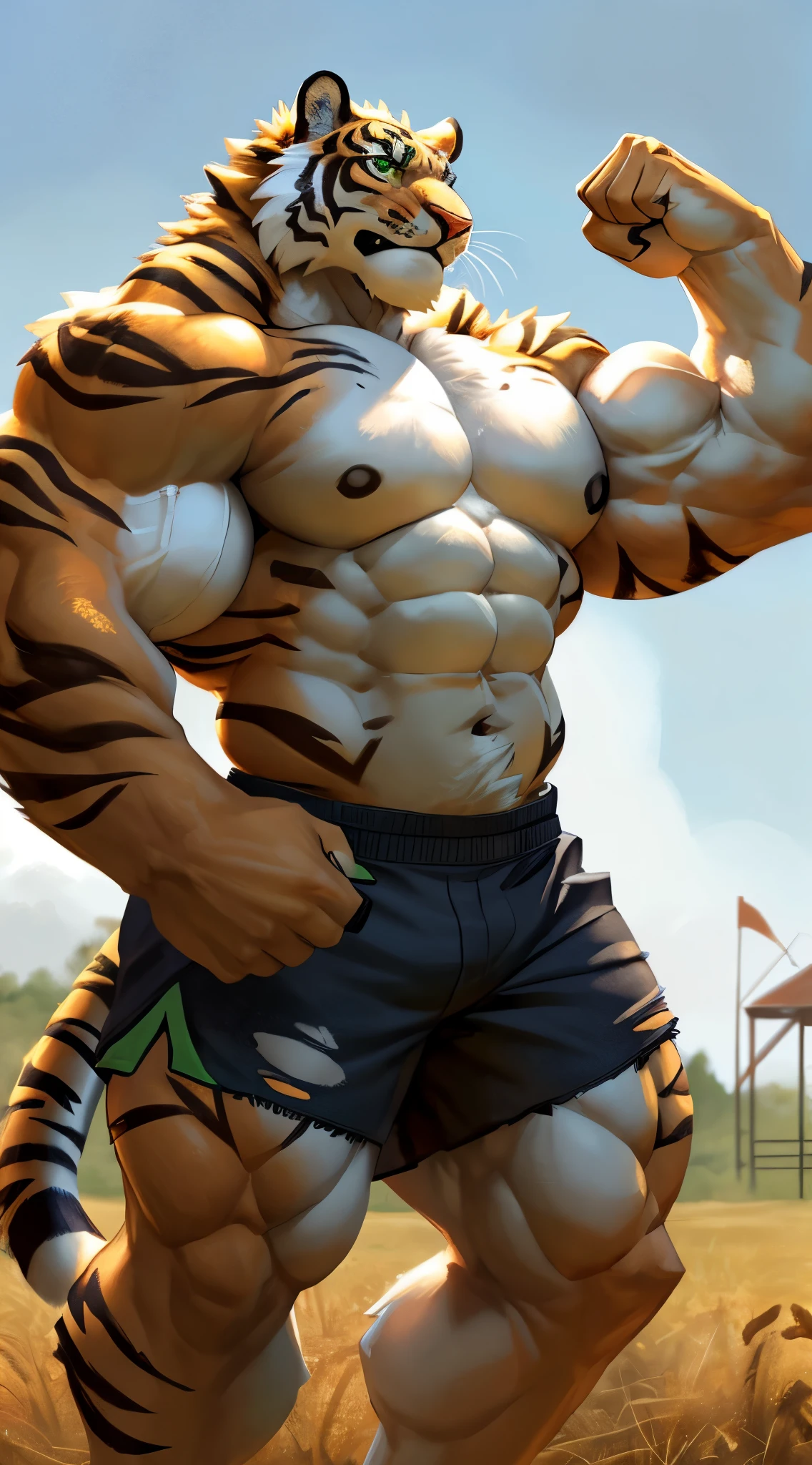 Front view, full height, anthro (tiger), male, lin-hu, (broad shoulders:1.7), (wide torso:1.2), (thick forearms:1.7, big forearms, huge heavy hands), (thick:1.3) feline paws, (thick calves:1:3, brutal, tiger tail, (huge upper body, very muscular, bodybuilder build, ripped, manly, beefy:1.5), abs, bare torso, ((shorts)), huge:1 paws, correct anatomy, smiling, (high quality ultradetailed:1 green eyes), (rough:1, tough, masculine:1, cruel, cocky):1, old man, (flexing both arms):1, farm background, ultradetailed, (masterpiece:1.2), epic, natural lighting, (by koreanhusky:1, by Soonsky:1, by Taran Fiddler:0.2)