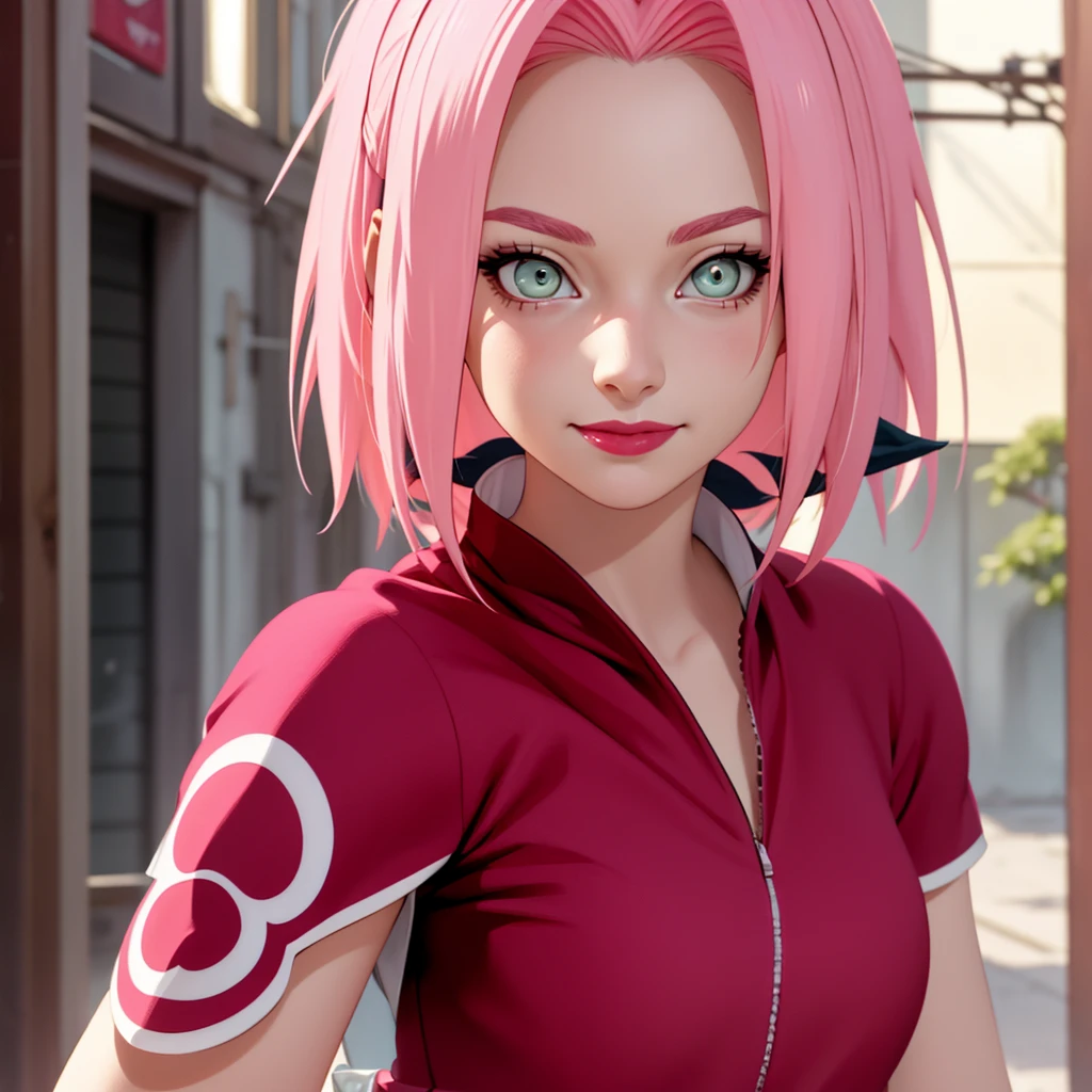 young woman, porcelain skin, short bubblegum pink hair, big red lips, big green eyes, pink eyebrows, smile, looking at camera, red clothes, Sakura Haruno, 3d, realism