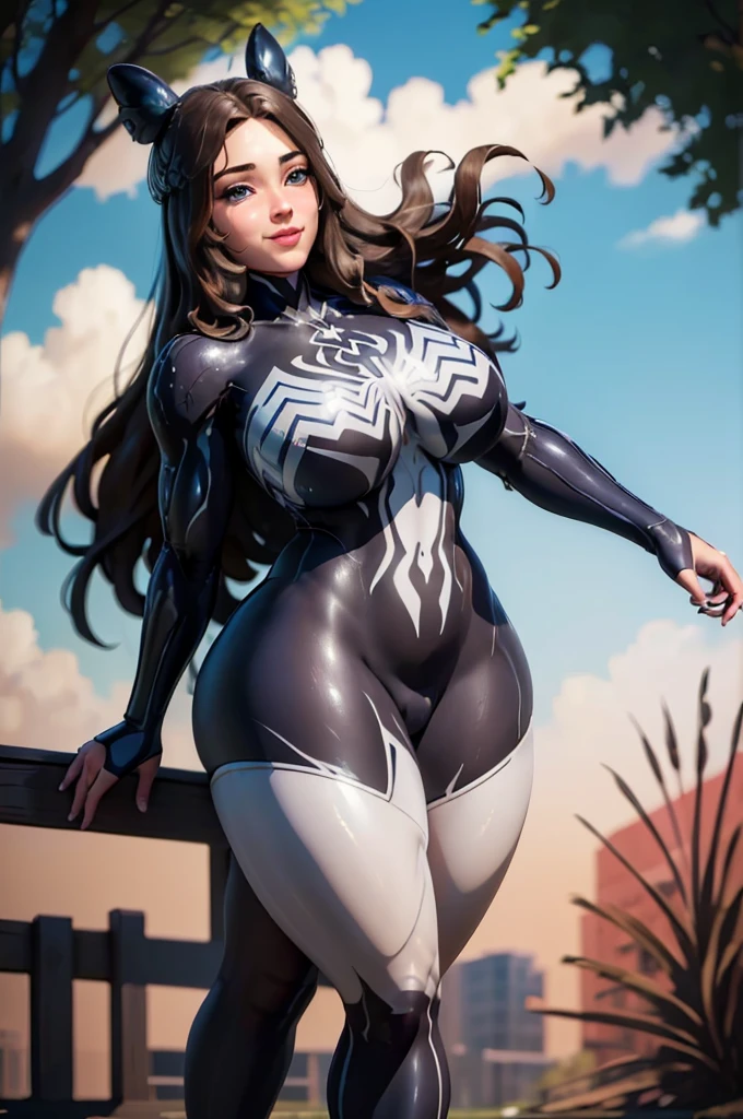 (8k, best quality, masterpiece:1.2), (realistic, photo-realistic:1.37), ultra-detailed, 1 girl,cute, solo, ,beautiful detailed blue eyes, long wavy hair, standing in a park, smiling, looking at viewer, ,light brown hair, full body view, , whole body shot, , , thick thighs, big breasts, symbiote, venom