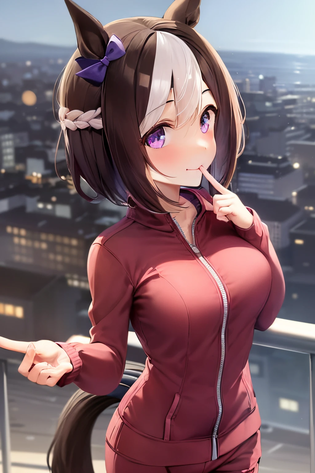 special_week_\(Umamusume), Purple Ribbon, bow ribbon, bow ribbon, corset fluffy chest, nursing, toppless, teats, The upper part of the body, (put index finger on mouth:1.3), Happiness, (Background in the city:1.3), short-hair, (Red tracksuit:1.4), (Horse tail:1.3), facing the front there