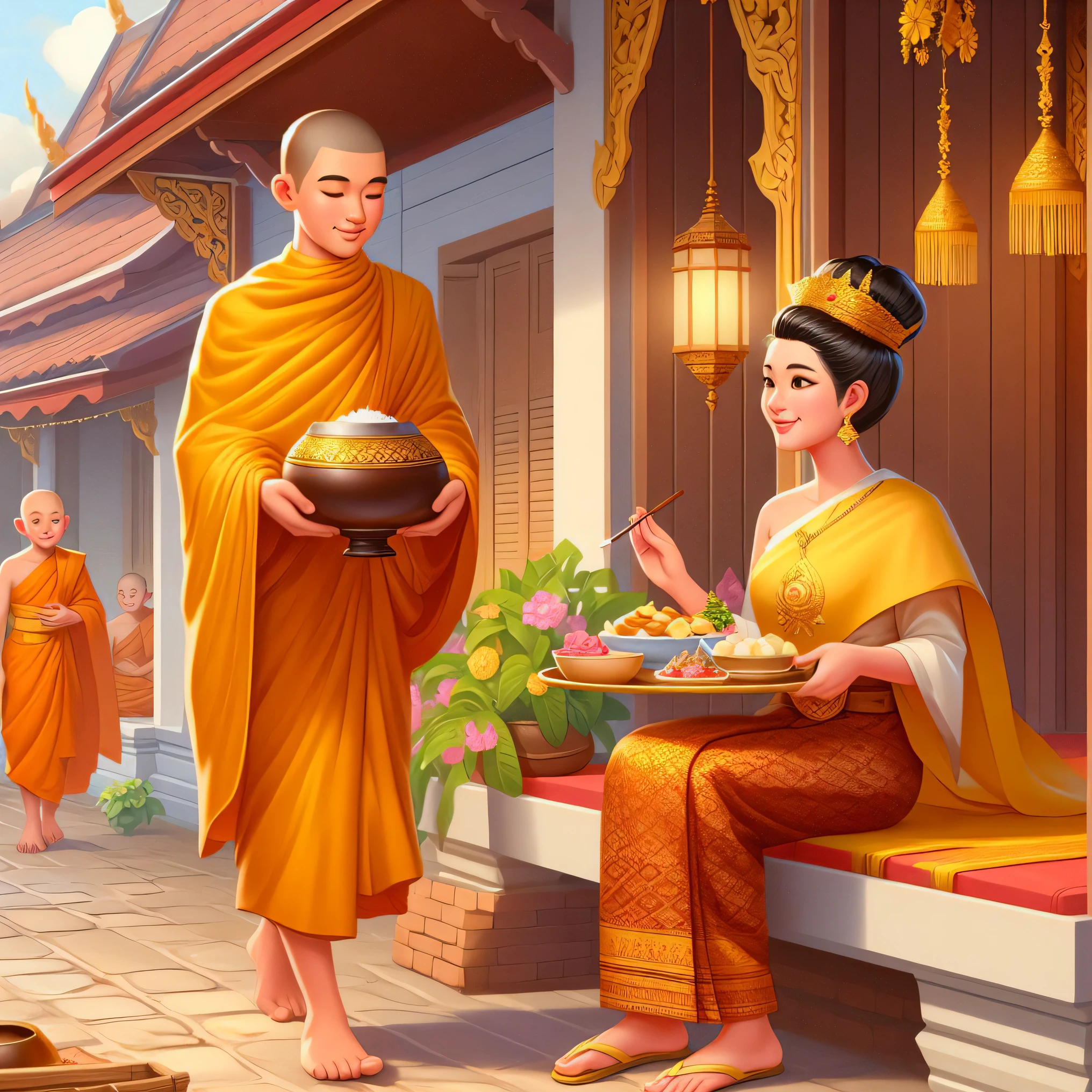 buddhist monks are sitting on a bench eating food, thailand art, tithi luadthong, vietnamese temple scene, patiphan sottiwilaiphong, eastern art style, monk clothes, buddhism, a beautiful artwork illustration, in style of thawan duchanee, nivanh chanthara, buddhist, by John La Gatta, traditional