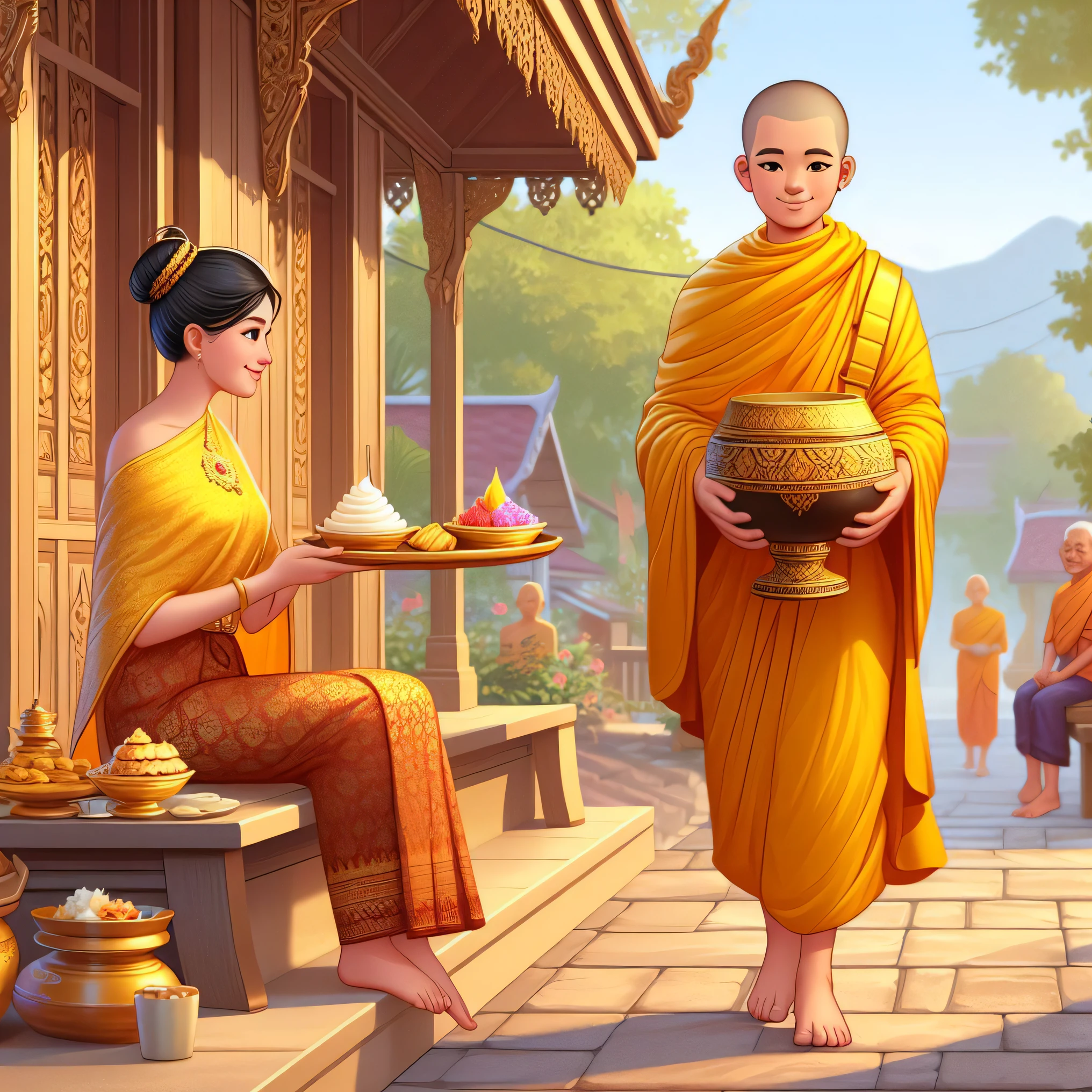 buddhist monks are serving food to a woman in a temple, monk clothes, thailand art, tithi luadthong, buddhism, concept art of a monk, eastern art style, by John La Gatta, buddhist, a beautiful artwork illustration, in style of thawan duchanee, buddhist monk, monks, beautiful depiction, patiphan sottiwilaiphong