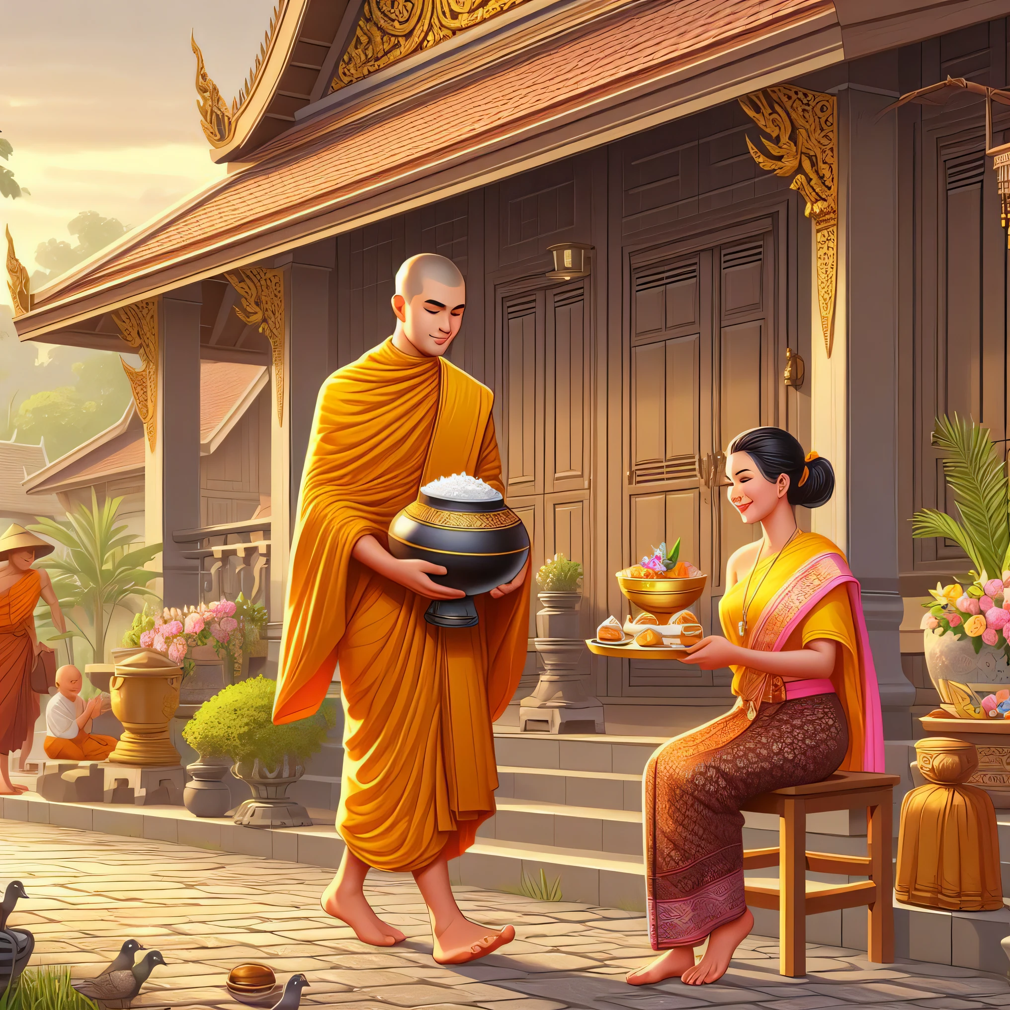 buddhist monk and woman sitting on a bench in front of a temple, tithi luadthong, monk clothes, thailand art, buddhism, begging for alms, vietnamese temple scene, patiphan sottiwilaiphong, buddhist monk, monk, beautiful depiction, monks, by John La Gatta, in style of thawan duchanee, eastern art style