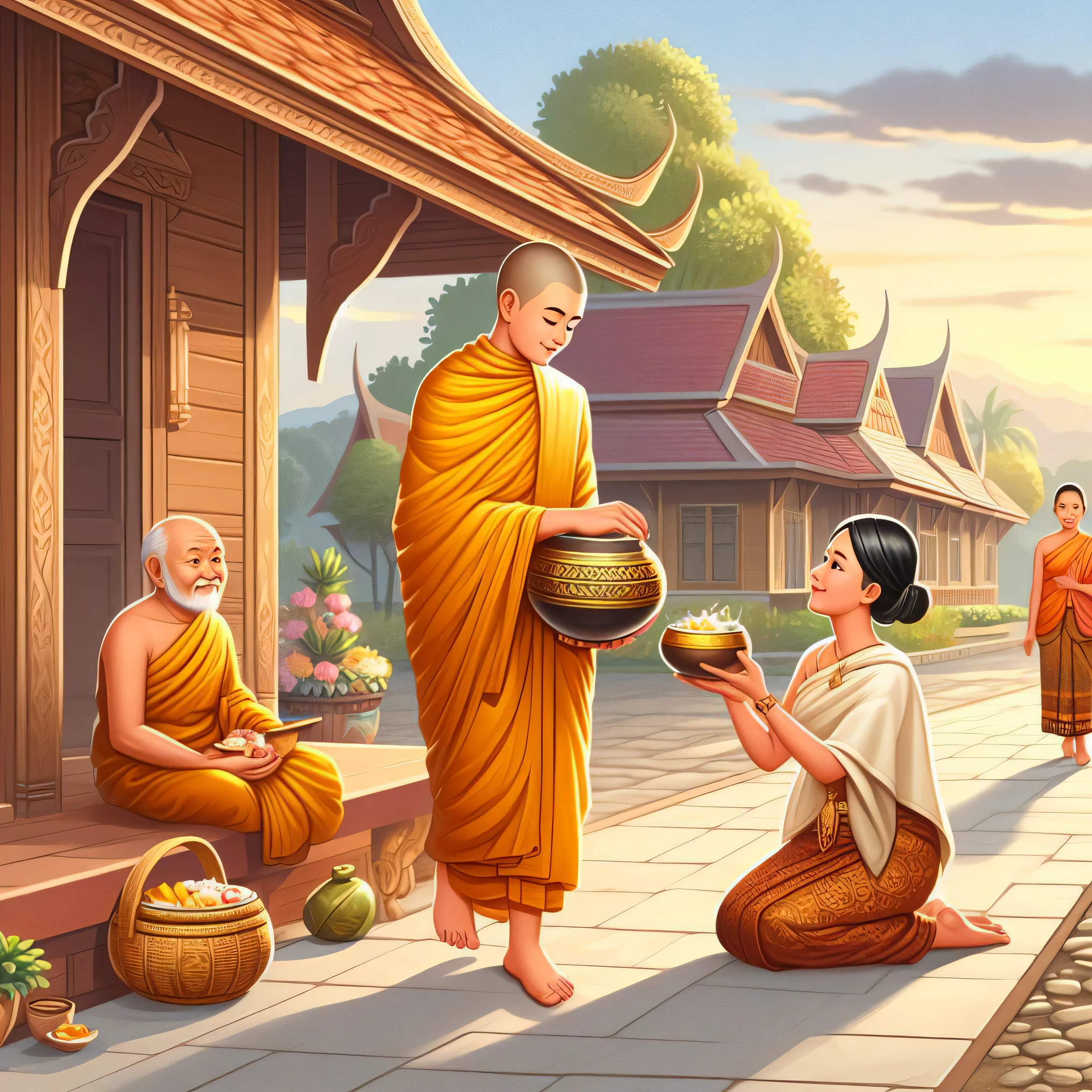 buddhist monks are sitting on the steps of a temple and eating, begging for alms, tithi luadthong, buddhism, monk clothes, thailand art, patiphan sottiwilaiphong, beautiful depiction, monks, buddhist monk, by John La Gatta, vietnamese temple scene, in a temple, monk, temple background, buddhist, a beautiful artwork illustration