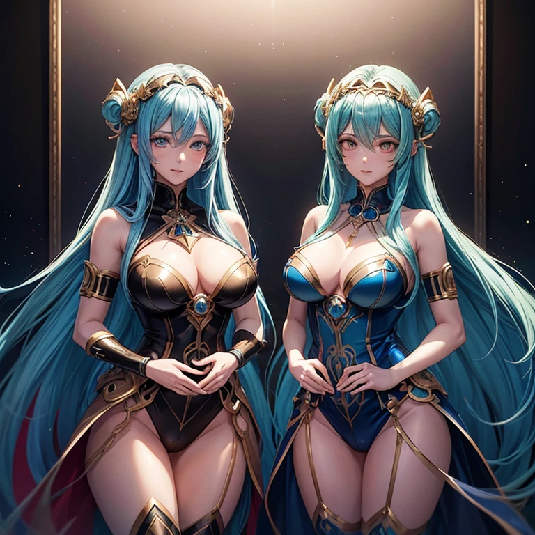 two anime girls with long blue hair and blue hair are standing together, beautiful gemini twins, goddess of galaxies, extremely detailed artgerm, beautiful gemini good and evil, anime goddess, artgerm on artstation pixiv, beautiful gemini twins portrait, high detailed official artwork, trending on artstation pixiv, two beautiful anime girls, 8k high quality detailed art