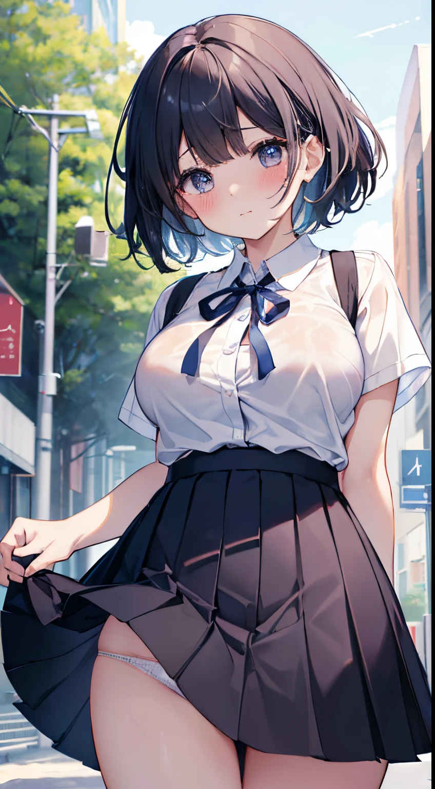 ((top-quality、8K、​masterpiece:1.3))、女の子1人、Slender Abs、sofas、hyperdetailed face、A detailed eye、二重まぶた、very Bigger breasts、large full breasts、Colossal tits、Neat and clean schoolgirl、short-hair、Straight bob hair、Shorthair with bangs、A smile、Schoolgirl Uniform、Panties are visible from the skirt、An 18-year-old woman、Sheer white shirt、Navy blue ribbon at the collar、Dark blue pleated micro mini、Sexy、Peek at the viewer、Beautiful graphics、Bright school building with strong sunlight、Show me your whole body、is standing、Plump panties、Detailed female genital shapes、Black pantyhose、(Facing the front)(((Blushing cheeks、embarassed expression)),(((The skirt is rolled up by the wind)))、Showing white panties、depth of fields、Bokeh in the background、