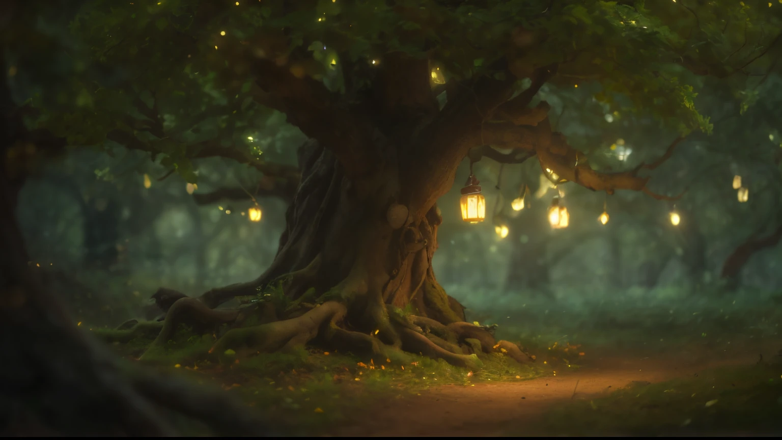 真实感, Realism, Close up of cute tiny fireflies around a huge oak tree, Flowers, buds glow, illuminate the bush, a detailed painting, cgsociety, Detailed painting, artstation hd, high detail, cgsociety, photo realism, Concept art, artstation hd, official arts, bokeh ,(CBZBB:1.25), ((gremlin, taupe),Zhkute, fantasy forest, dark fantasy style, Fantasy fairy tale, in the foreground there is a large huge oak tree, Huge roots, sticking out of the ground, the ground is covered with grass, a bunch of nuts, acorns are lying everywhere, leaves, mushrooms sticking out, Beautiful, Fantasy art, deviant art, trending artstation, huge acorn, tiny, Cinematic shot, cinematic portrait of a light forest, glade, rill, 真实感, Realism, tmasterpiece, Big Oak, leaves (Night of the Fireflies), (higly detailed: 1 noise, Complementary, real-photo, .............PSD, Lightweight Film Photography, sharp-focus, contrast lighting, Detailed description of oak, high resolution 8k, Crazy detailing, Realistic, professional photo of a, 8K UHD, dslr, soft light, hiquality, film grains, Fujifilm XT3