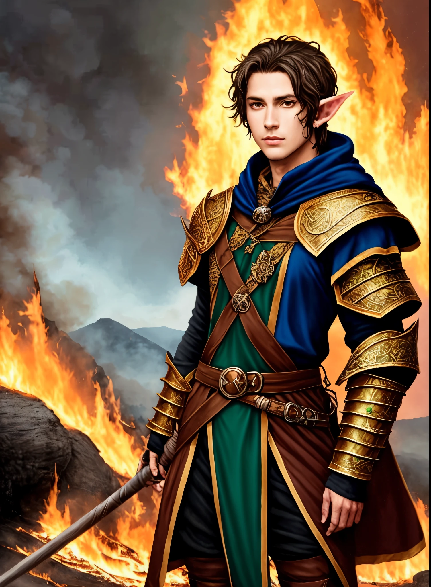 Create a DND style half elf druid with one human and one elf ear. He is a member of the druidic circle of wildfire. He is wearing blue dragon scale armor.