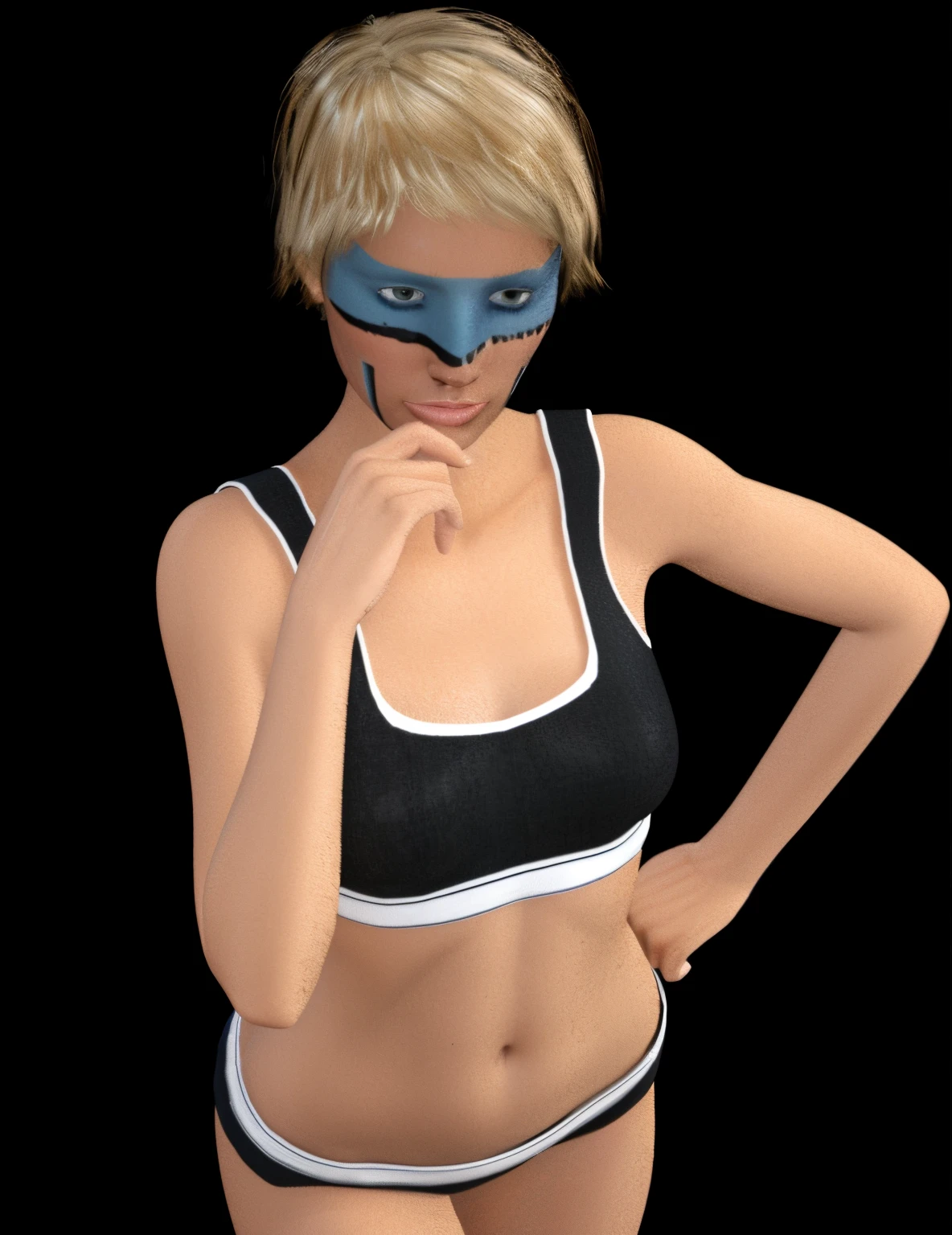 puffy woman in a black and white top and a blue mask, wearing bandit mask, parcialmente mascarado, female thief, DAZ 3D, DAZ3D, DAZ 3D, mascarado, domino mask, avatar da parte superior do corpo, Described as a 3D rendering, 3d render da mulher-gato, venda dos olhos da fantasia, rosto mascarado, Glamorosa Jill Valentine, intimidando a mulher, maia realista
