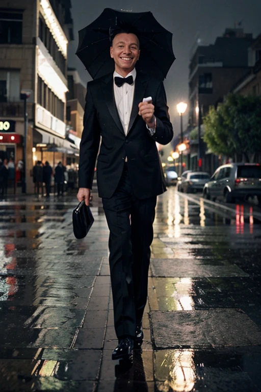Frank Sinatra, use an umbrella, smiling, walk on rain