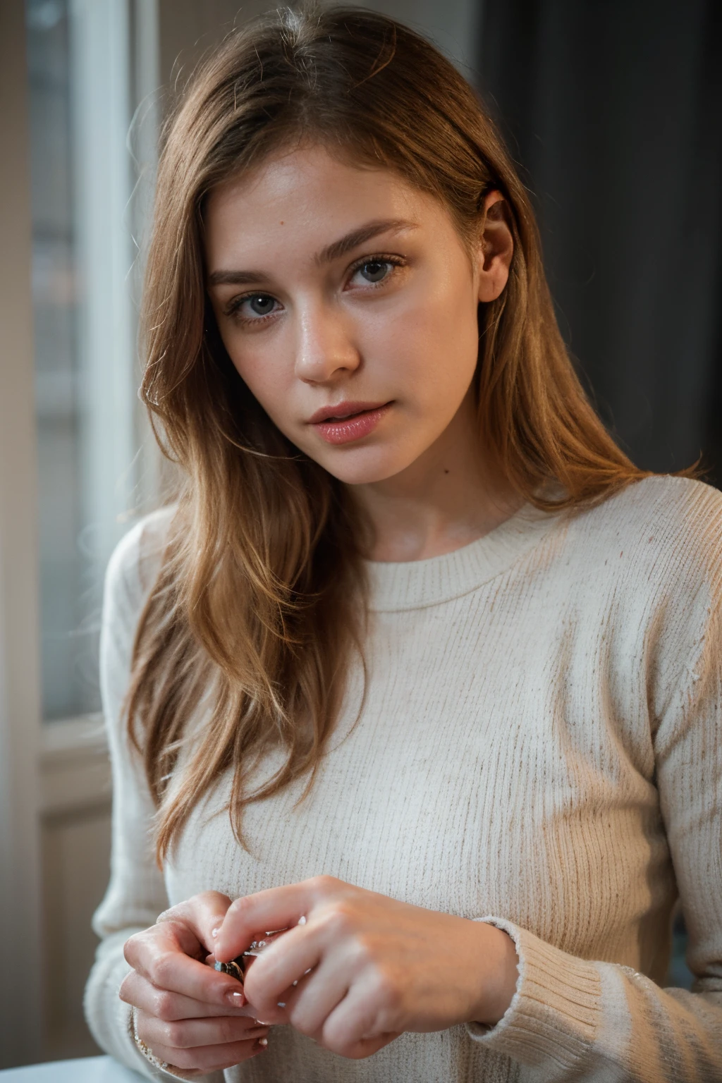 Light blonde Swedish woman wearing a soft red sweater, licking strawberry jam from a knife, ((low key photography)), ((dimmed lights)), ((best quality)), ((master piece)), ((detailed)), ((perfect face))