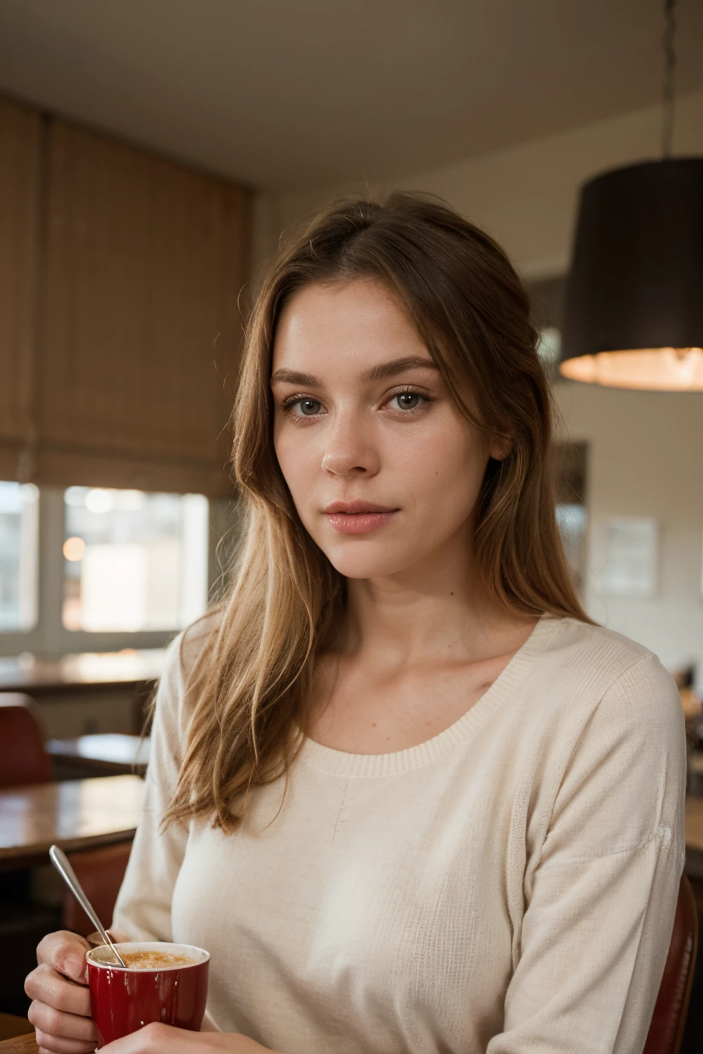Light blonde Swedish woman wearing a soft red pullover, eating breakfast in a diner, ((low key photography)), ((dimmed lights)), ((best quality)), ((master piece)), ((detailed)), ((perfect face))