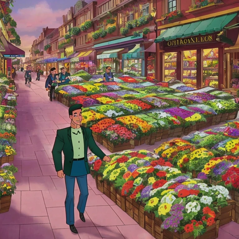 Generate a vibrant comic panel where James enters a flower shop, his eyes sparkling with enthusiasm as he explores the neatly arranged flowers.