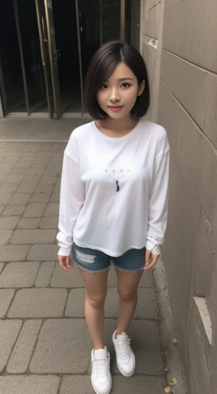 (RAW photo, best quality), (realistic, photo-realistic:1.2), Photorealistic full body photo, full body, 1 asian girl, detailed eyes, shiny eyes, looking at viewer, (casual wear:1.2), casual wear, medium short hair, floating hair, dark skin, with sneakers, visible shoes, careful with eyes, symmetrical eyes, 8k high quality medium soft lighting, high details, standing, cute,the background is indonesia