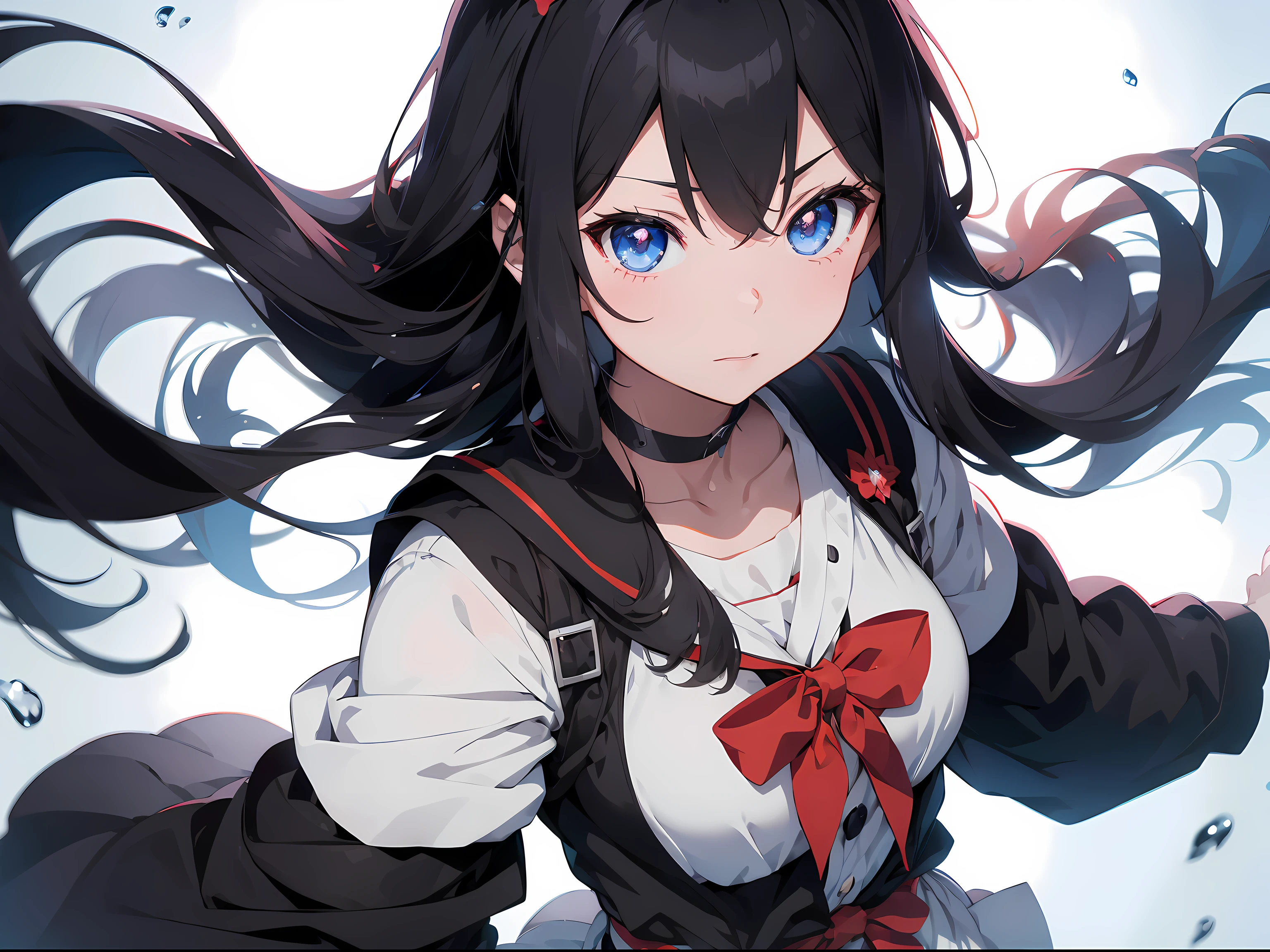 anime girl with long black hair and blue eyes in front of a black and white background, a picture by Jin Homura, tumblr, shin hanga, attractive matoi ryuko, anime style 4 k, ryuko matoi, anime moe artstyle, rin, anime style. 8k, hanayamata, yandere