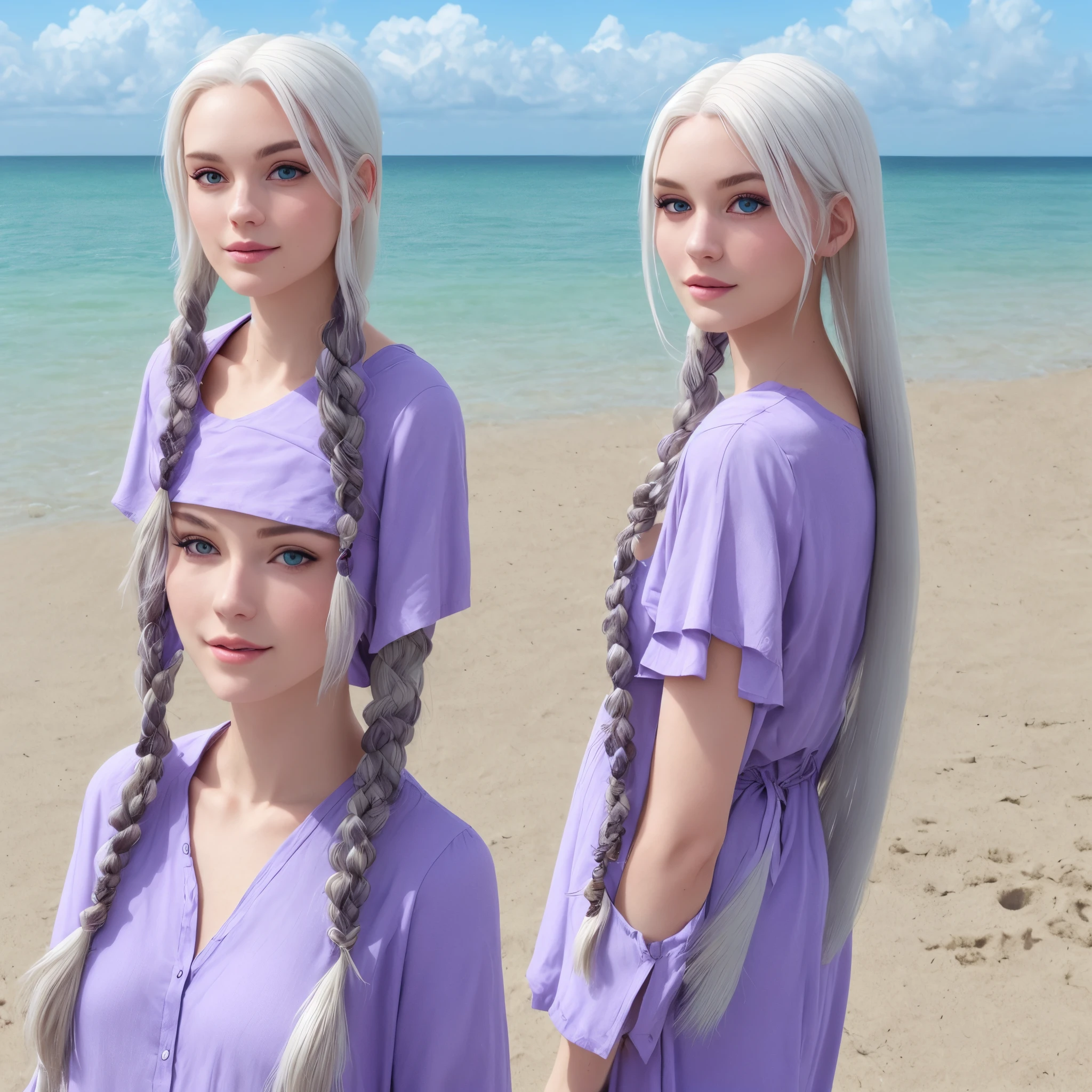 long white hair, two braids, purple eyes, white, soft skin, blue and purple clothes, at the beach