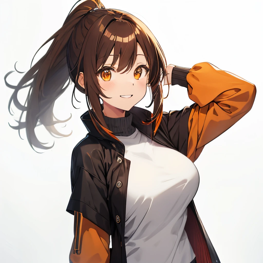 【Highest Quality, masutepiece】 [girl, Manteau, expressioness,deep orange eyes, front facing,dark brown hair,long ponytail hair,yellow knit cloth, Happy, Upper body] (Gray white background:1.2),very happy smile,boobs,