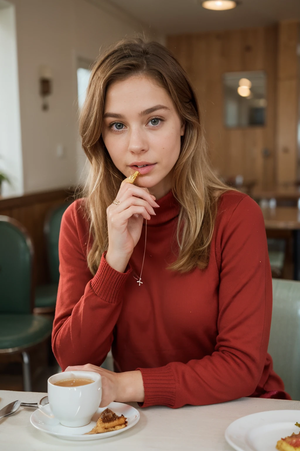 Light blonde Swedish woman wearing a red pullover, which is very soft, eating breakfast in an american diner