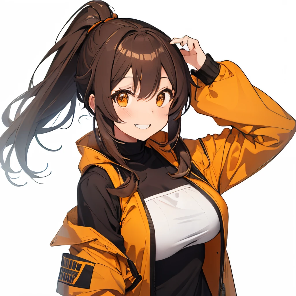 【Highest Quality, masutepiece】 [girl, Manteau, expressioness,deep orange eyes, front facing,dark brown hair,long ponytail hair,yellow knit cloth, Happy, Upper body] (Gray white background:1.2),very happy smile,boobs,