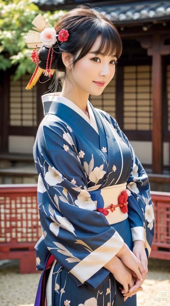 Best Quality, masutepiece, 超A high resolution, (Photorealistic:1.4), Raw photo, One bewitching woman, age 40s,Kimono beauty with a crane pattern, gros-plan, Looking at Viewer, castle town, Long, Hair Ornament,Beautiful photos,is beautiful,fullbody image,