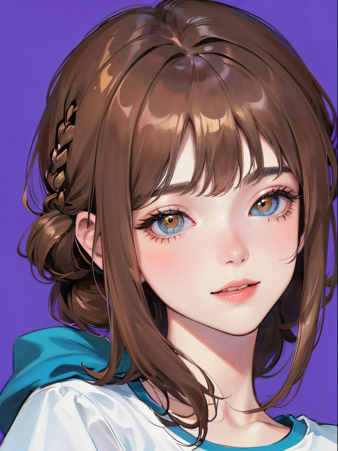 (((1人の女性)))、(Top resolution、Distinct_image) best qualtiy、(((Pop)))、1990's、((colorful backdrop))、((illuminating))、ighly detailed、Semi-realistic、Brown hair、((makeups)),Braided hairstyle、A smile、bangss、20yr old、年轻、((tshirts))、delicated facial features、Facial features、View from below