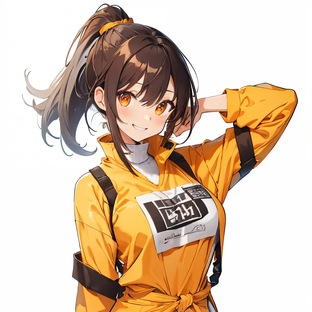 【Highest Quality, masutepiece】 [girl, Manteau, expressioness,deep orange eyes, front facing,dark brown hair,long ponytail hair,yellow knit cloth, Happy, Upper body] (Gray white background:1.2),very happy smile,boobs,