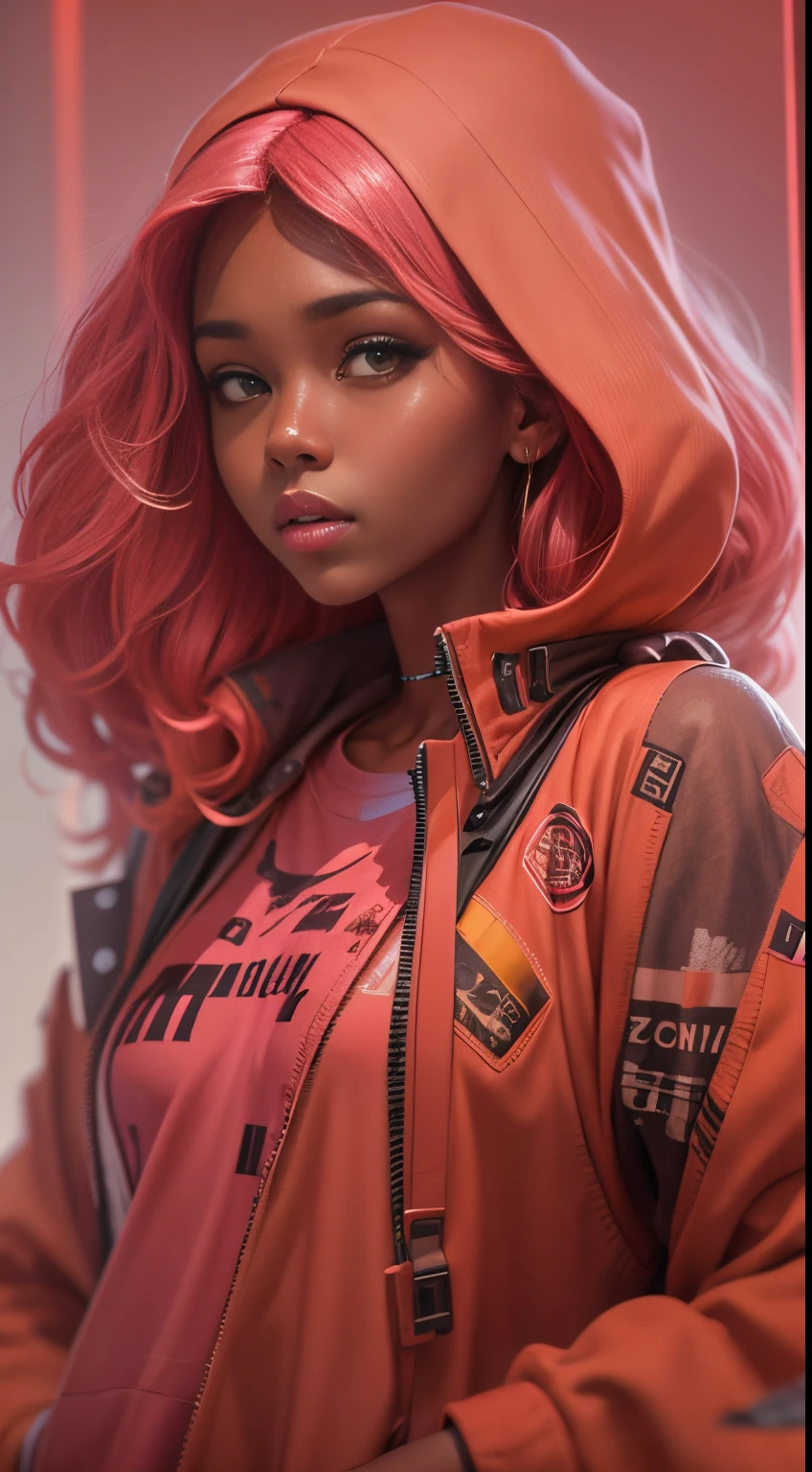 Black female. A red girl, wearing a blank oversized heavy cotton pink , gen-z style, small crew neck, colorful background, ultra hd, realistic, vivid colors, highly detailed, UHD drawing, pen and ink, perfect composition, beautiful detailed intricate insanely detailed octane render trending on artstation, 8k artistic photography, photorealistic concept art, soft natural volumetric cinematic perfect light