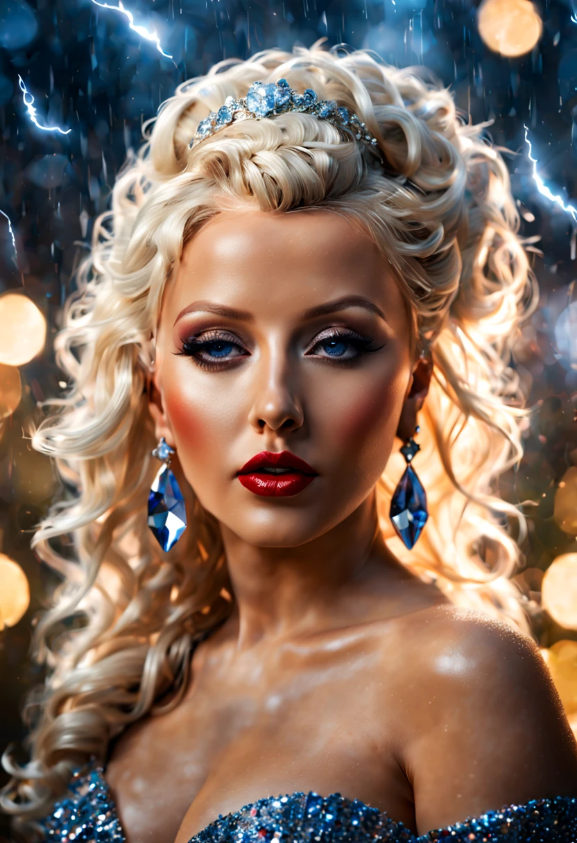 Christina Aguilera, 1940'S and Irresistible, Homely Beauty Marks, Thunderstorm, Bokeh, Crystal Cubism, F/2.8, (best quality, masterpiece, Representative work, official art, Professional, unity 8k wallpaper:1.3)