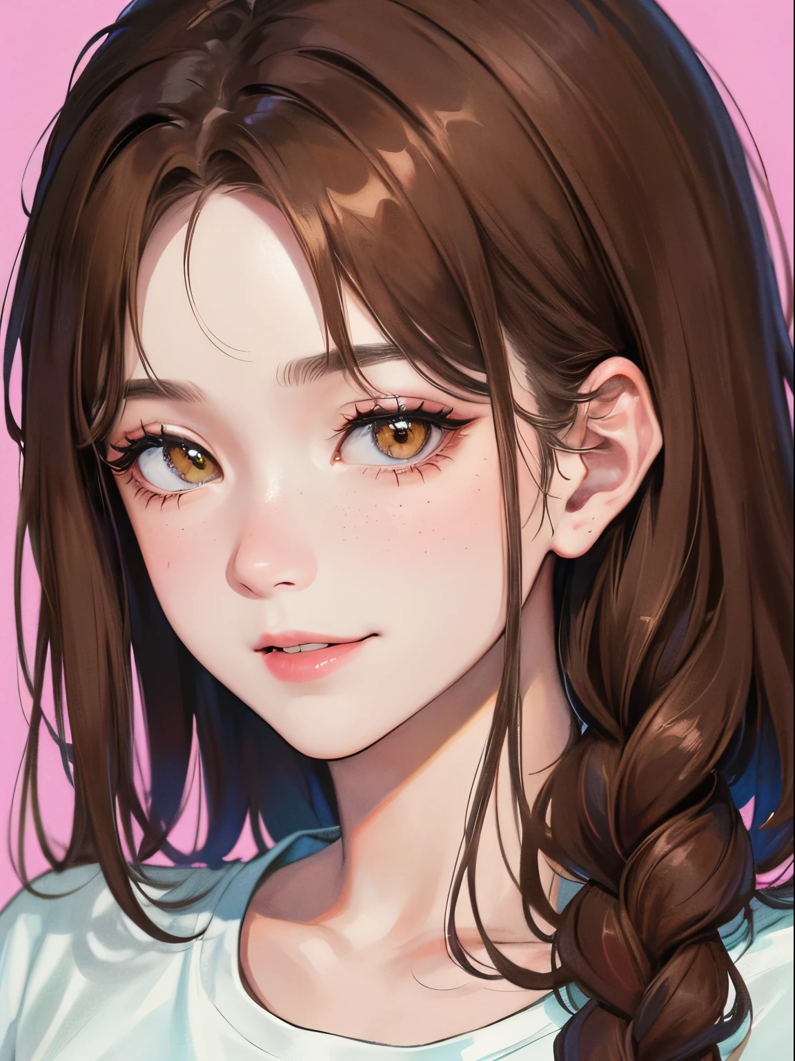 (((1人の女性)))、(Top resolution、Distinct_image) best qualtiy、(((Pop)))、1990's、((colorful backdrop))、((illuminating))、ighly detailed、Semi-realistic、Brown hair、((makeups)),Braided hairstyle、A smile、bangss、20yr old、年轻、((tshirts))、delicated facial features、Facial features、View from below