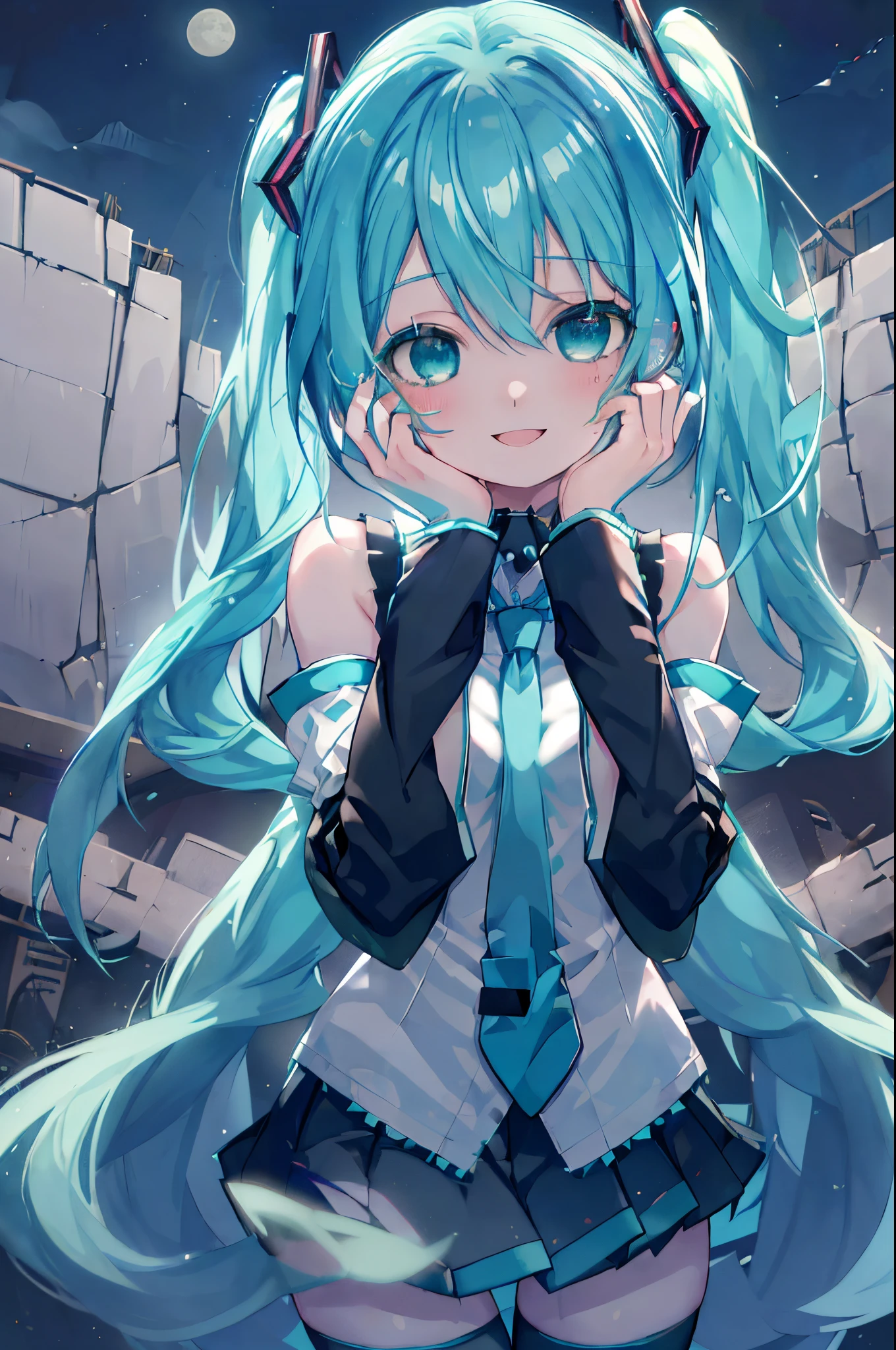 ((Best Quality)), ((Highly detailed)), masutepiece, absurderes, extra detailed face, Beautiful face, (Detailed eyes, deep eye), (1girl in), yandere trance, yandere, hands on own face, hands on own cheeks, Open mouth, Smile, (Upper body), Hatsune Miku, aqua hair, ((Very long hair)), Twin-tailed, Hair Ornament, aqua eyes, blue nail polish, Smile, headphones, White shirt, Collared shirt, Sleeveless shirt, Bare shoulders, Detached sleeves, (Black sleeves), Wide sleeves, aqua necktie, Miniskirt, thighs thighs thighs thighs, zettai ryouiki, (in a graveyard, Night, nigh sky, Stars, broken moon, telescopes)