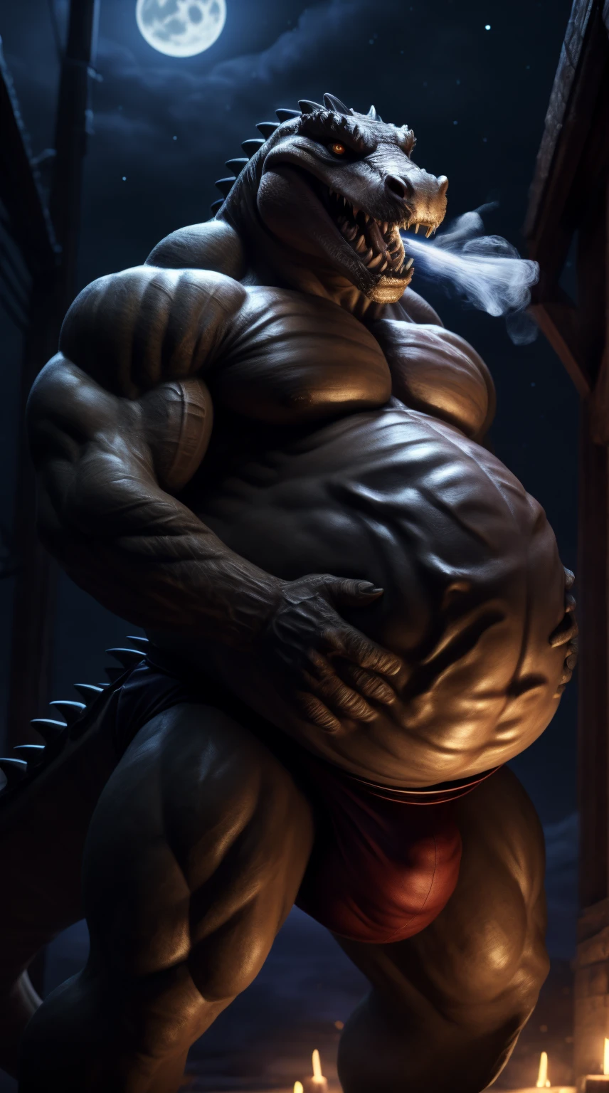 A crocodile man with a full belly, muscular, vore, imprint on belly, big bulge, illustration, (best quality, 4k, highres, masterpiece:1.2), ultra-detailed, realistic, horror, sharp focus, vivid colors, nighttime lighting, burping up an object, motion lines.