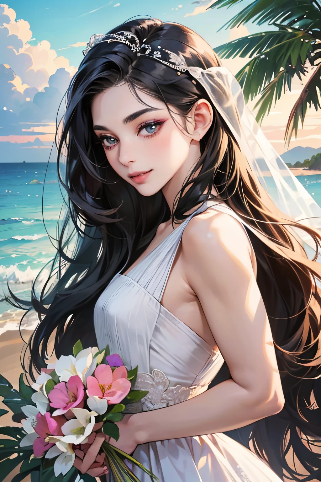 (masutepiece, Digital Art, Digital Illustration, 4K, 8K, Ultra-detailed, beautiful image, Sharp Image, Photorealistic, Raw photo, Perfect face, Perfect lines, Perfect eyes, Soft lighting) ,1 woman, (Long Black Hair,straight haired,Bullish gaze,Beautie,ellegance,Solid makeup,23 y-o woman,small tits:1.3),Two handsome men in suits, (ember,well-muscled,Firm shoulder width,Adult male,Boyish hairstyle,English gentlemanly style,Man in his 30s with a cool expression,28-year-old man with bright smile:1.2),Show white teeth and smile(embarrassed from,Shy smile:1.1),shores,Beach,beach wedding、innocent smiles,Laugh、couple kissing、kiss、the kiss、Romance、weddingdress、Wedding、veils