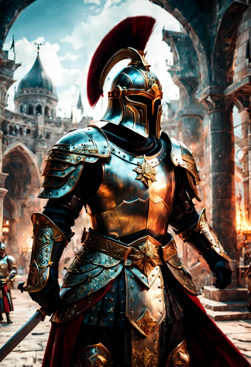 side view shot of a Peplum Noble "The Varangian Guard in Constantinople",Summer,Magic Realism,Synthpunk,Accent lighting,Film grain,Genrih Valk illustration, (best composition), ultra-wide-angle, octane render, enhance, intricate, (best quality, masterpiece, Representative work, official art, Professional, unity 8k wallpaper:1.3)
